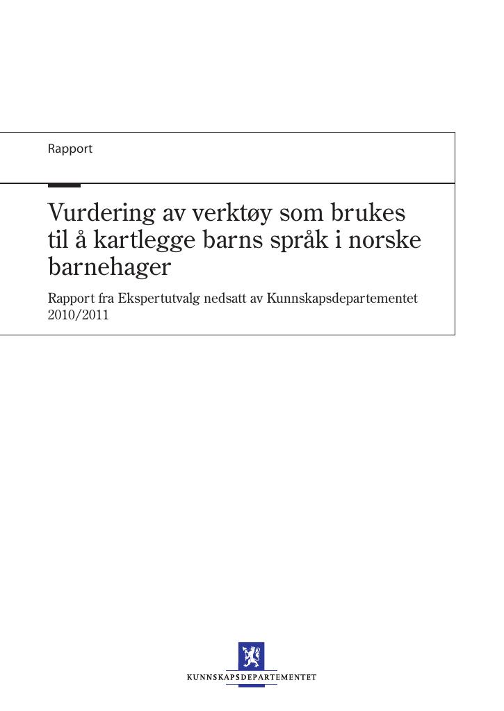 Forsiden av dokumentet Rapport: Vurdering av verktøy som brukes til å kartlegge barns språk i norske barnehager