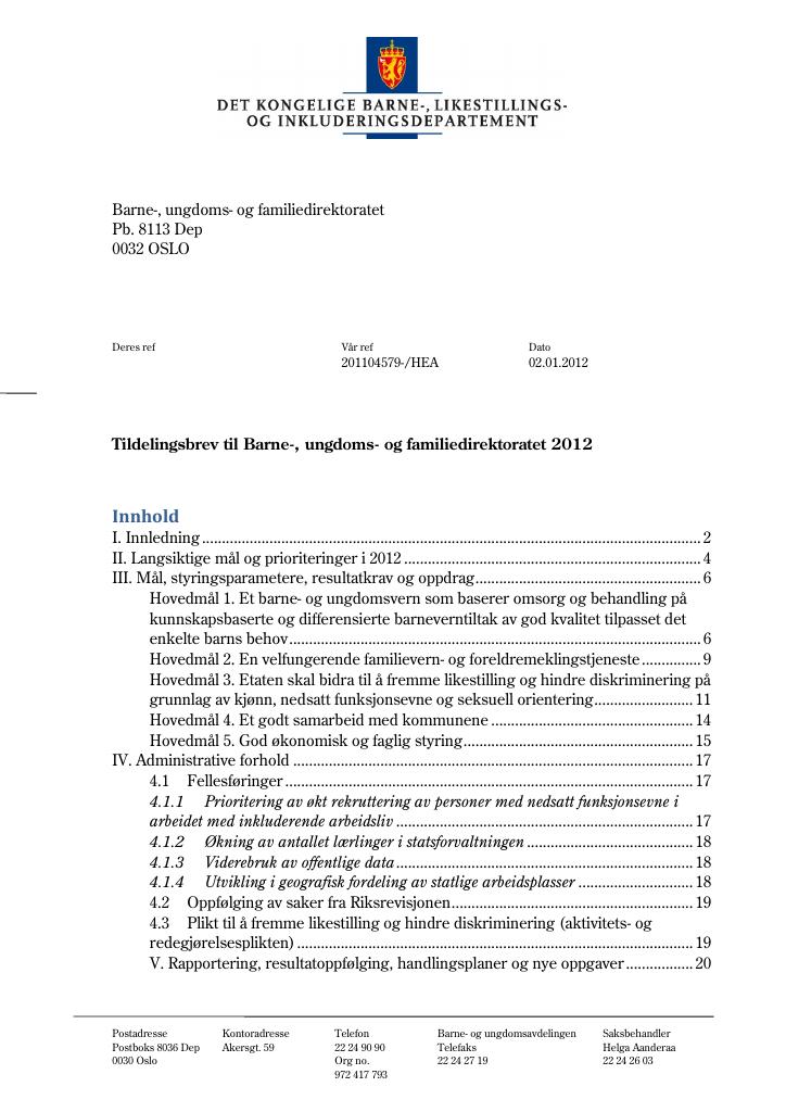 Forsiden av dokumentet Tildelingsbrev 2012