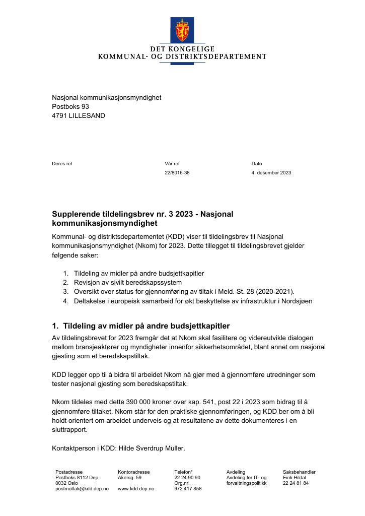 Forsiden av dokumentet tilleggsbrev nr. 3 (pdf) 2023