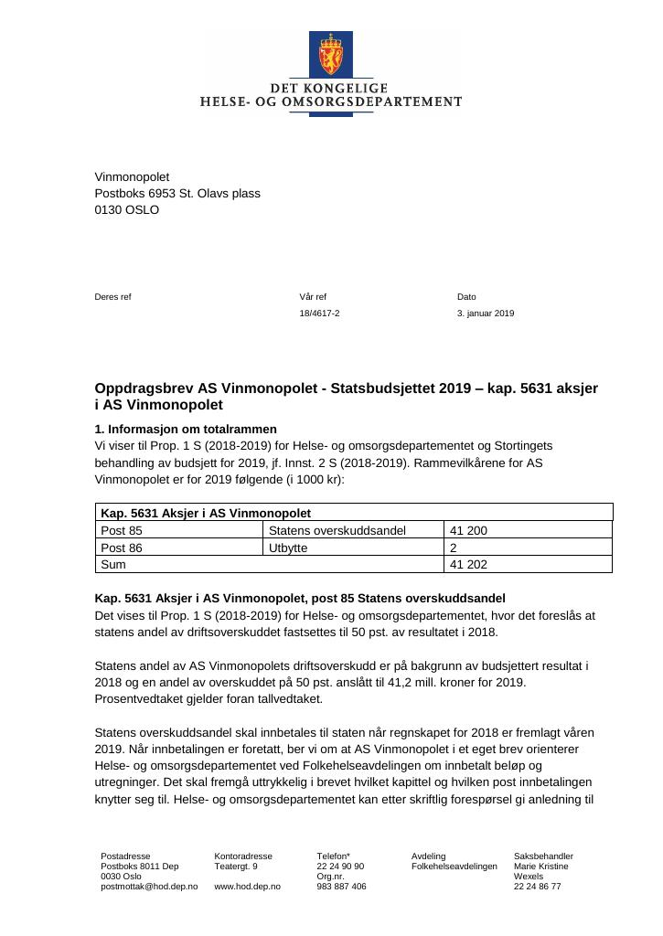 Forsiden av dokumentet Tildelingsbrev Vinmonopolet 2019