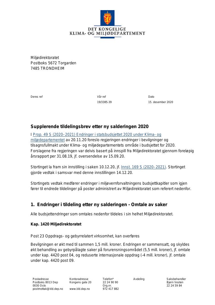 Forsiden av dokumentet Supplerende tildelingsbrev Miljødirektoratet 2020