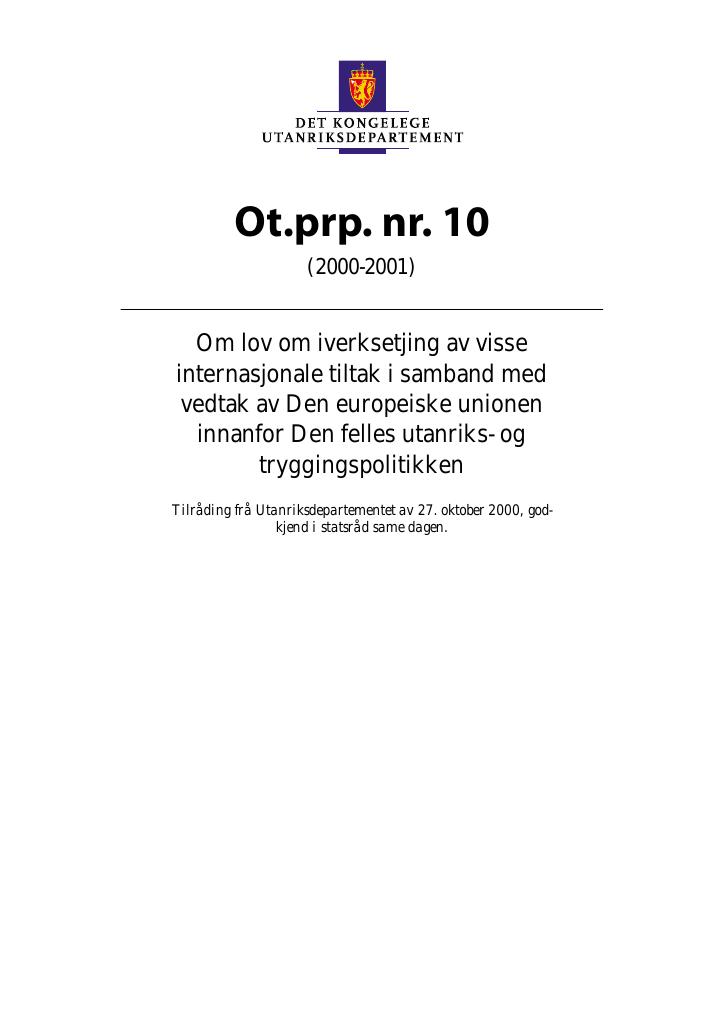 Forsiden av dokumentet Ot.prp. nr. 10 (2000-2001)