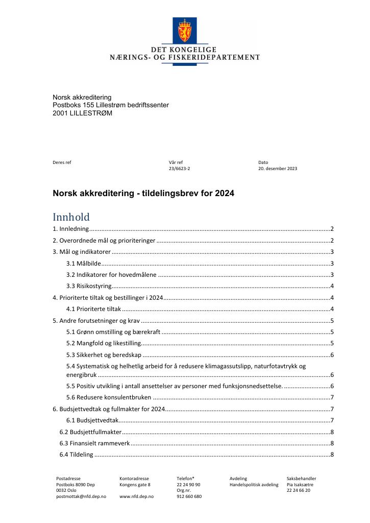 Forsiden av dokumentet Tildelingsbrev Norsk akkreditering 2024