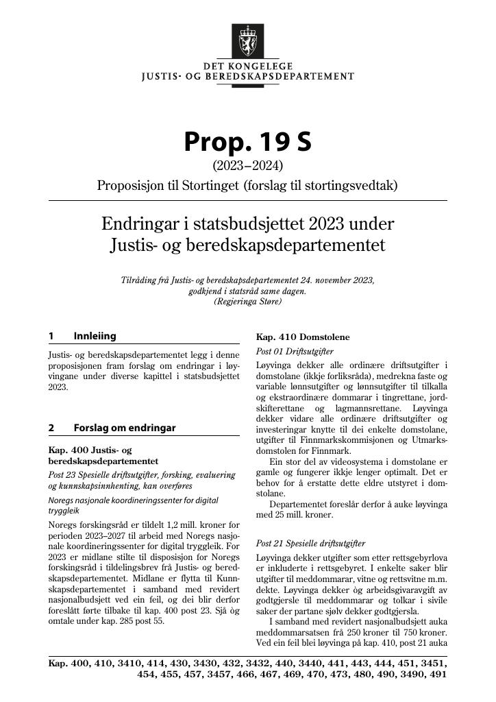 Forsiden av dokumentet Prop. 19 S (2023–2024)