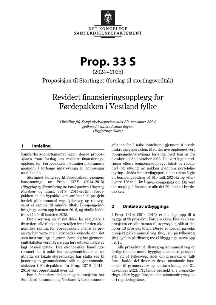 Forsiden av dokumentet Prop. 33 S (2024–2025)