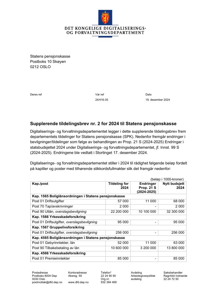 Forsiden av dokumentet Tildelingsbrev Statens Pensjonskasse 2024. - tillegg nr. 2