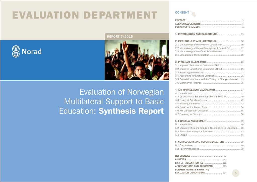 Forsiden av dokumentet Evaluation of Norwegian Multilateral Support to Basic Education