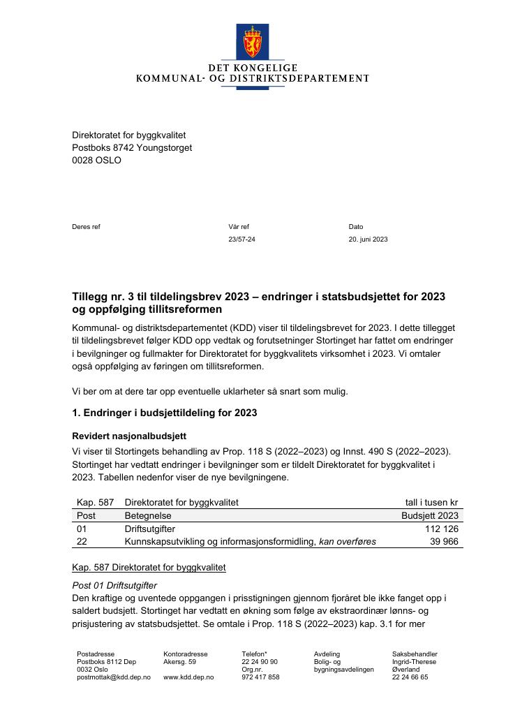 Forsiden av dokumentet Tillegg nr. 3 til tildelingsbrev DiBK 2023 (pdf)