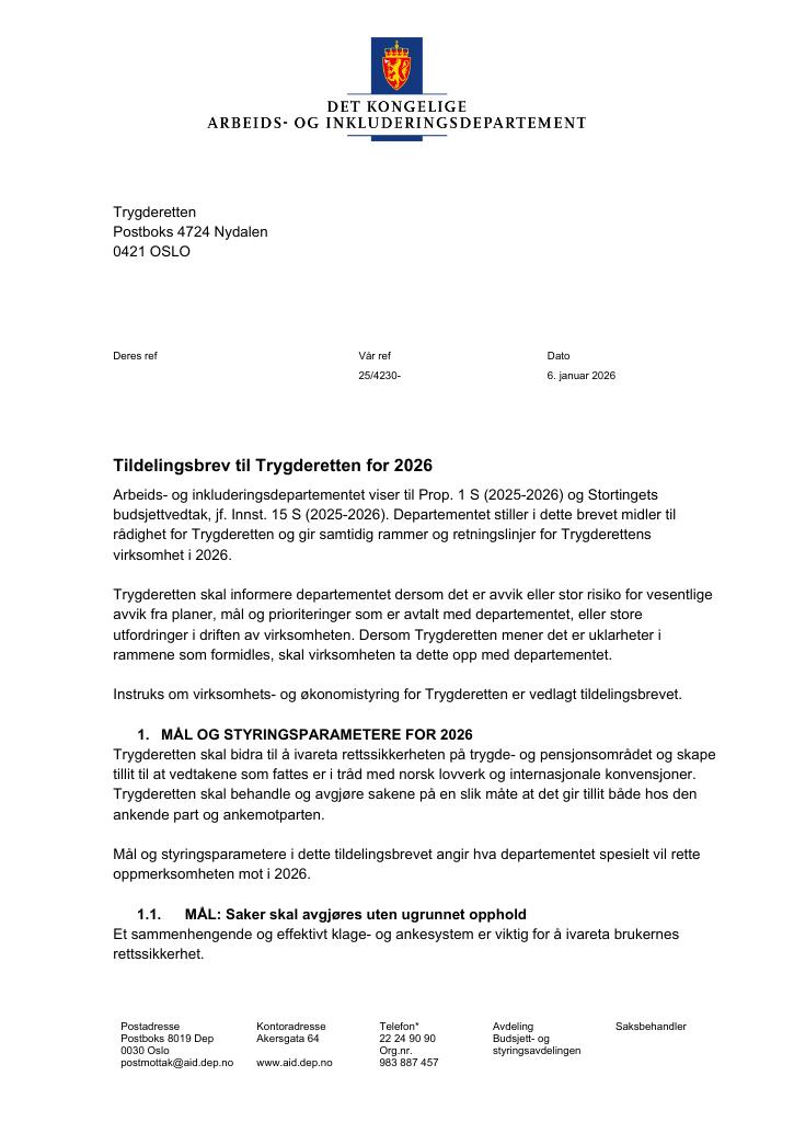 Forsiden av dokumentet Tildelingsbrev Trygderetten 2026