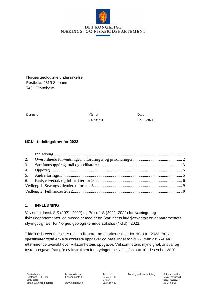 Forsiden av dokumentet Tildelingsbrev Norges geologiske undersøkelse 2022