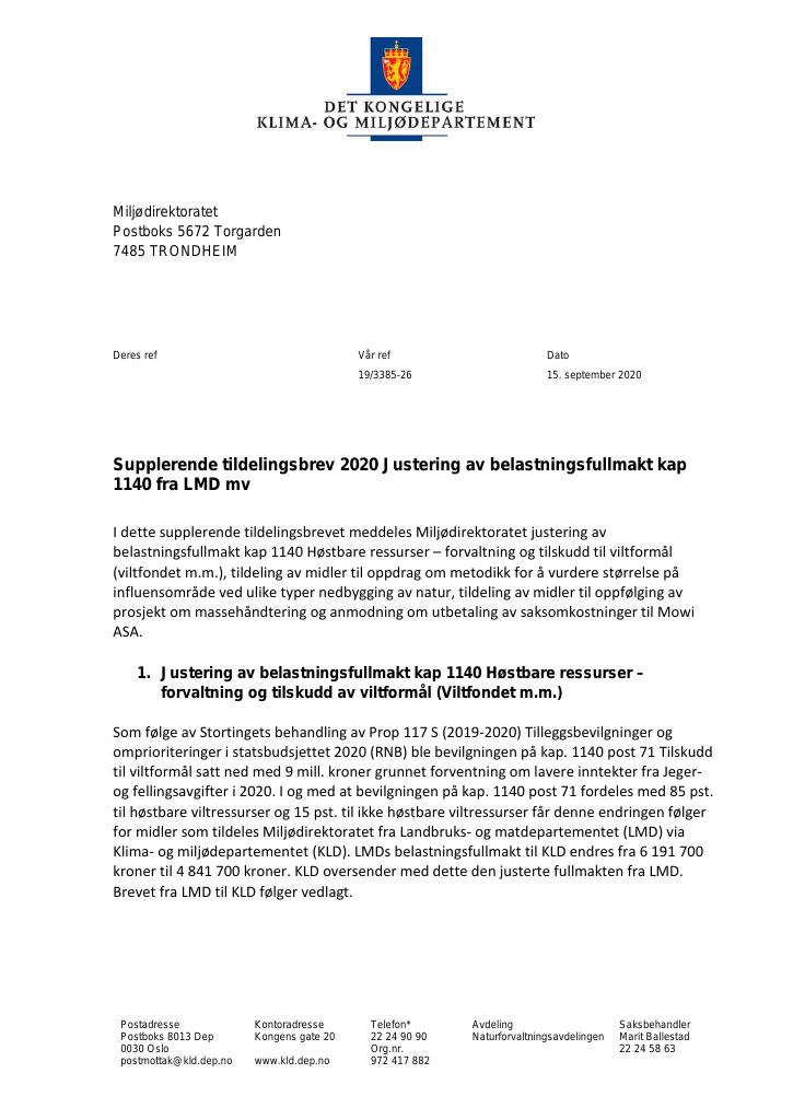 Forsiden av dokumentet Supplerende tildelingsbrev Miljødirektoratet 2020