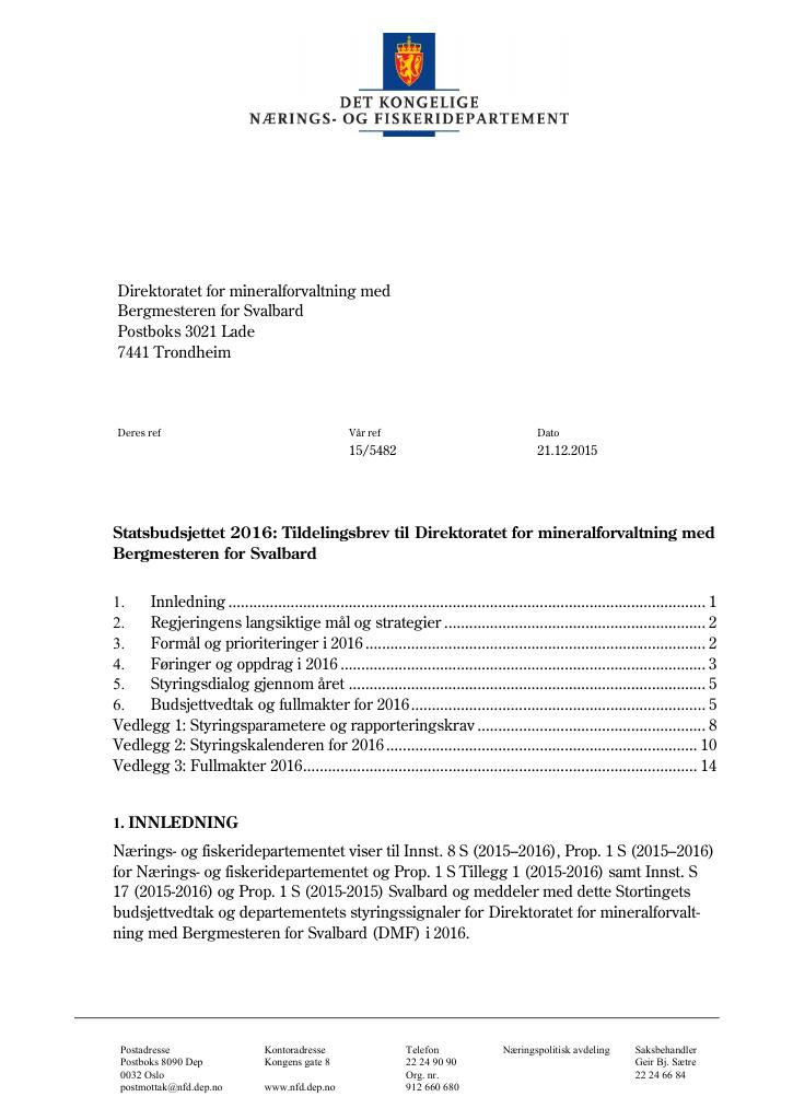 Forsiden av dokumentet Tildelingsbrev