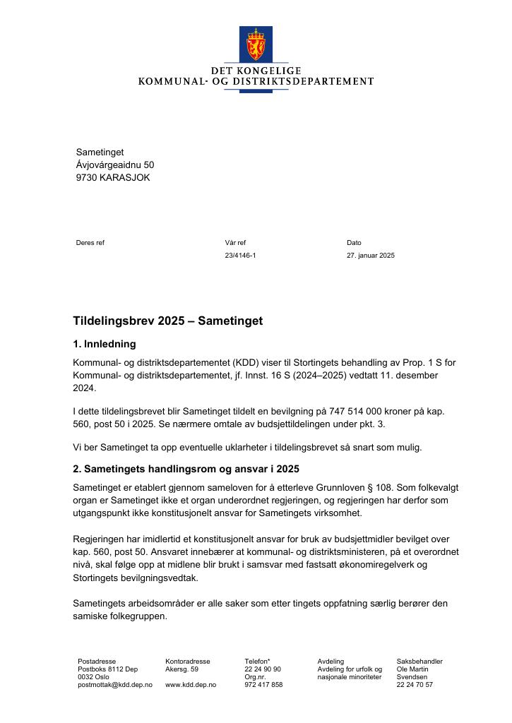 Forsiden av dokumentet Tildelingsbrev Sametinget 2025