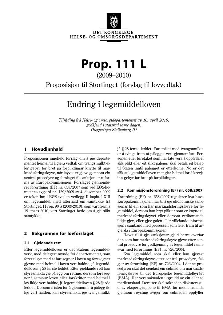 Forsiden av dokumentet Prop. 111 L (2009-2010)