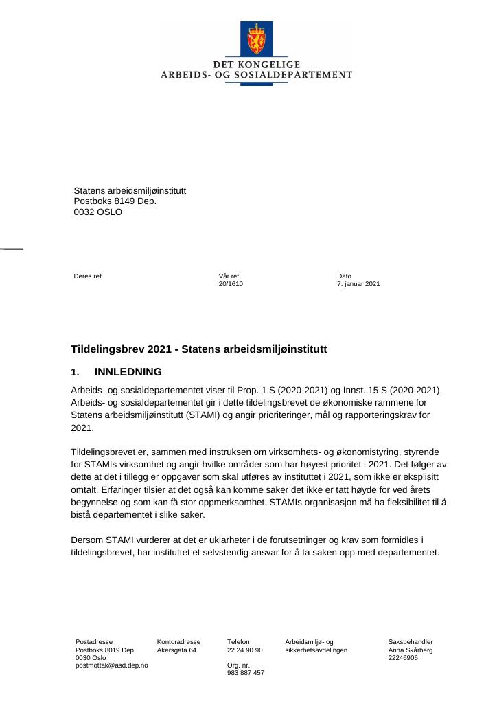 Forsiden av dokumentet Tildelingsbrev Statens arbeidsmiljøinstitutt 2021