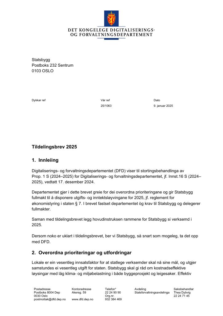 Forsiden av dokumentet Tildelingsbrev Statsbygg 2025