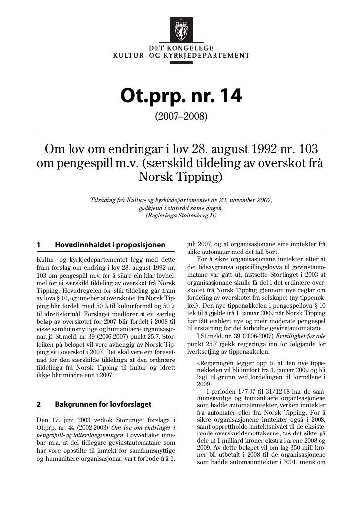 Forsiden av dokumentet Ot.prp. nr. 14 (2007-2008)