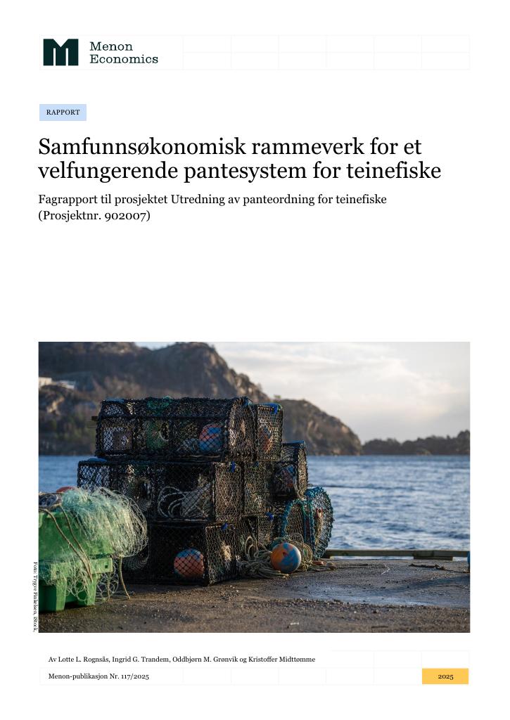 Forsiden av dokumentet Samfunnsøkonomisk rammeverk for et velfungerende pantesystem for teinefiske