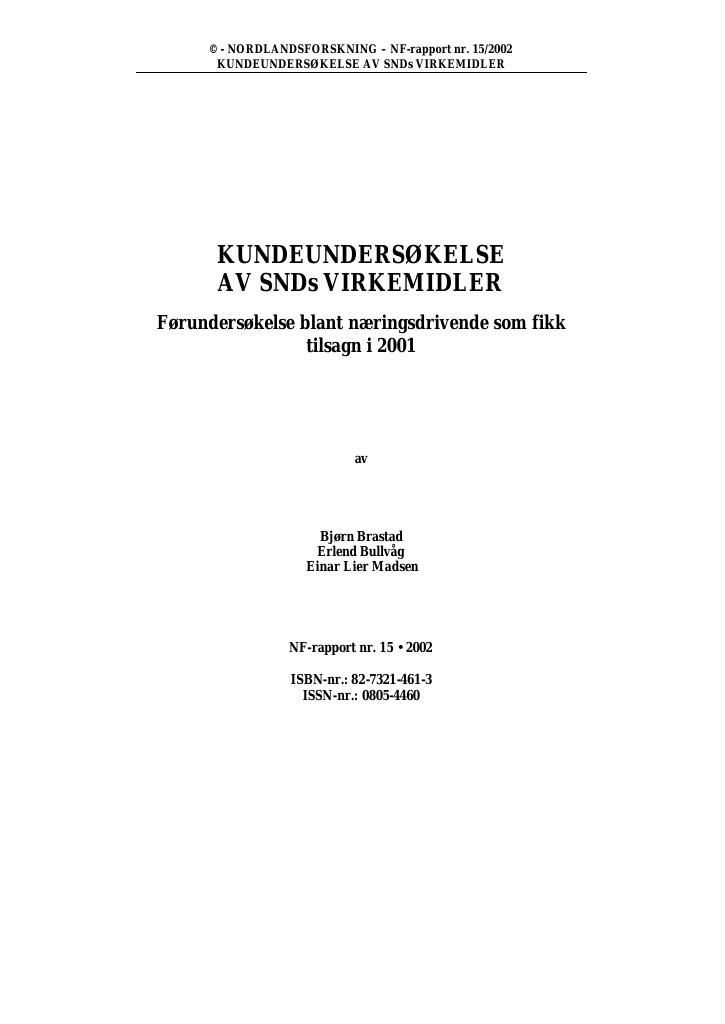 Forsiden av dokumentet Kundeundersøkelse av SNDs virkemidler