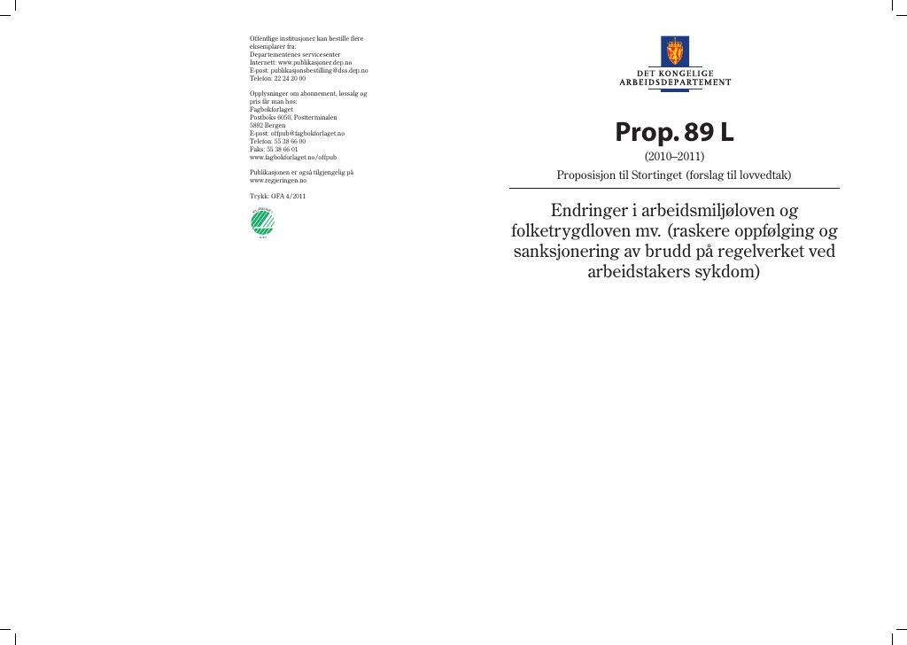 Forsiden av dokumentet Prop. 89 L (2010–2011)