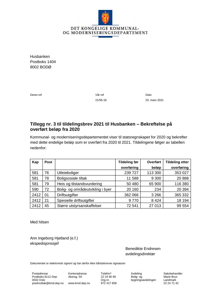 Forsiden av dokumentet Tildelingsbrev Husbanken 2021 - tillegg nr. 3