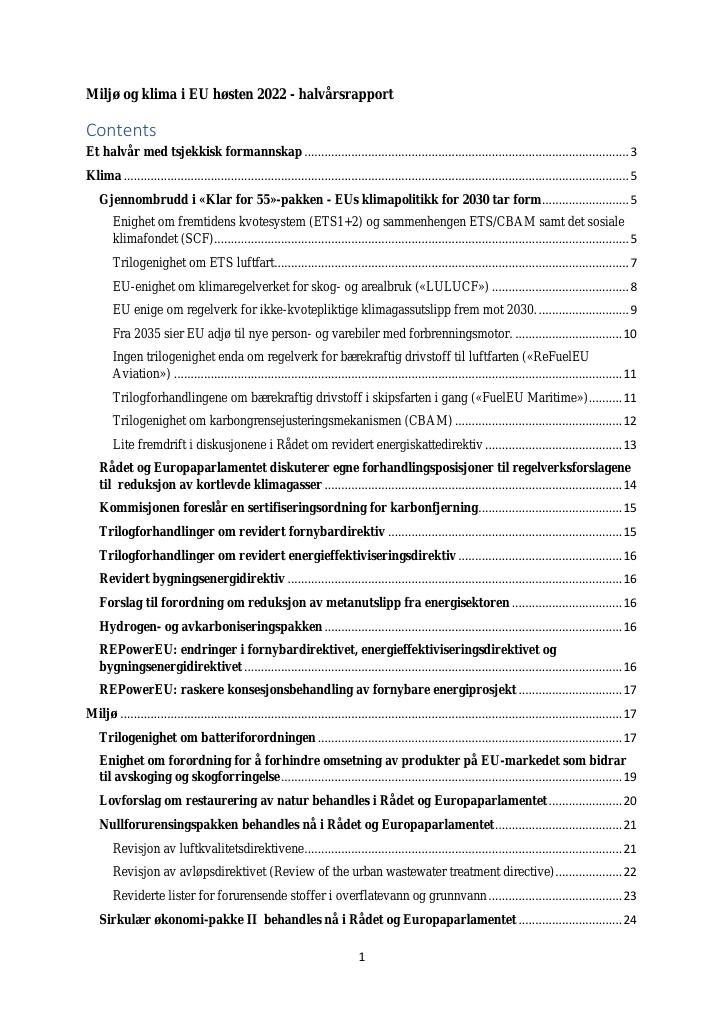 Forsiden av dokumentet Miljø og klima i EU høsten 2022 - halvårsrapport