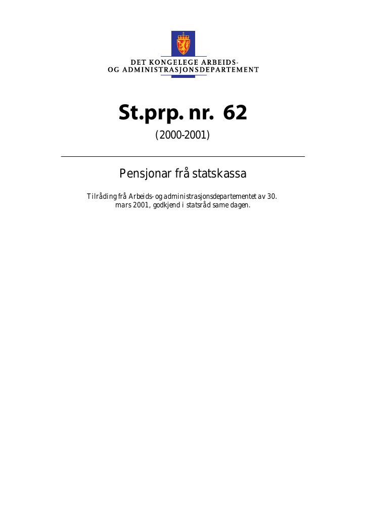 Forsiden av dokumentet St.prp. nr. 62 (2000-2001)