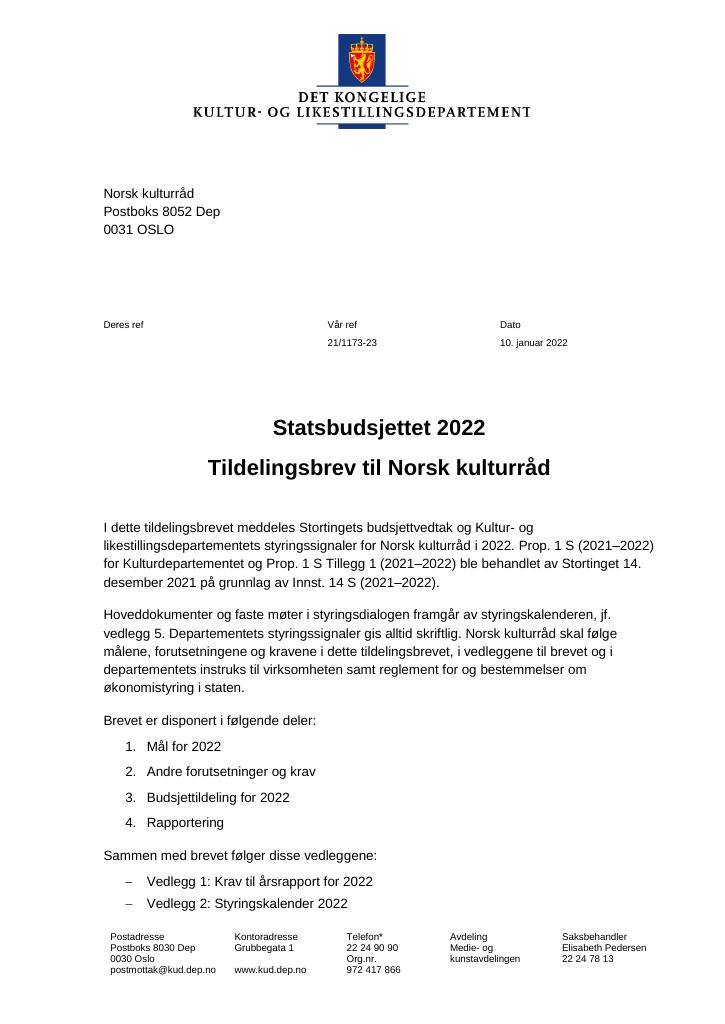 Forsiden av dokumentet Tildelingsbrev Norsk kulturråd 2022