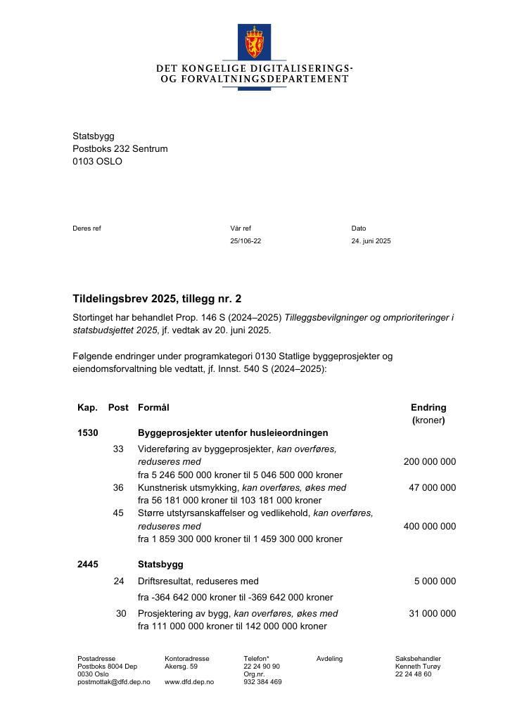 Forsiden av dokumentet Tildelingsbrev Statsbygg 2025 - tillegg nr. 2