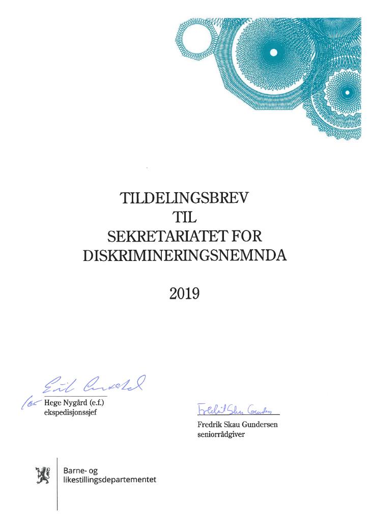 Forsiden av dokumentet Tildelingsbrev Diskrimineringsnemnda 2019