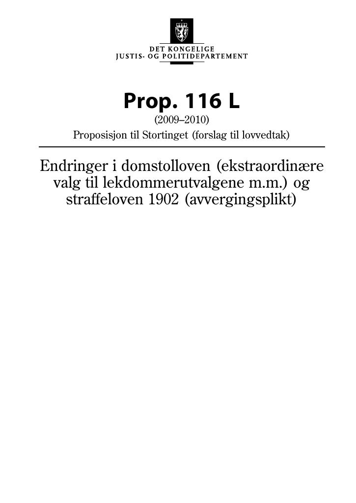 Forsiden av dokumentet Prop. 116 L (2009-2010)