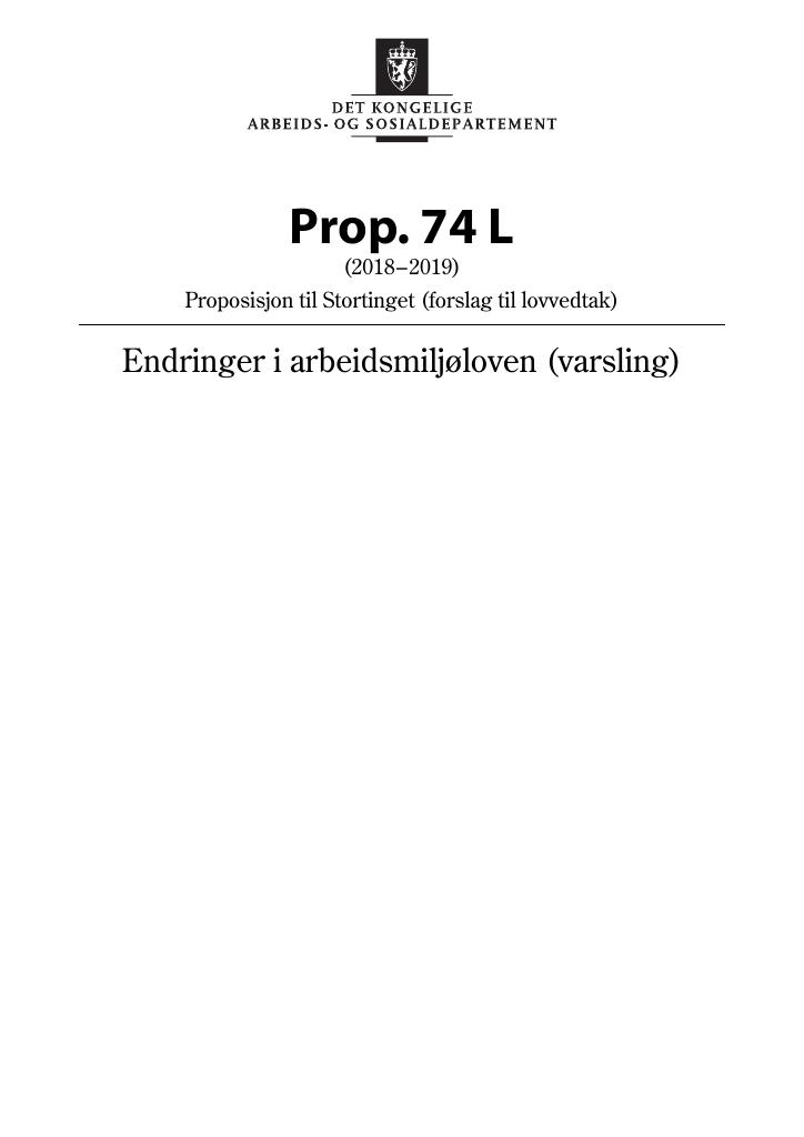 Forsiden av dokumentet Prop. 74 L (2018–2019)