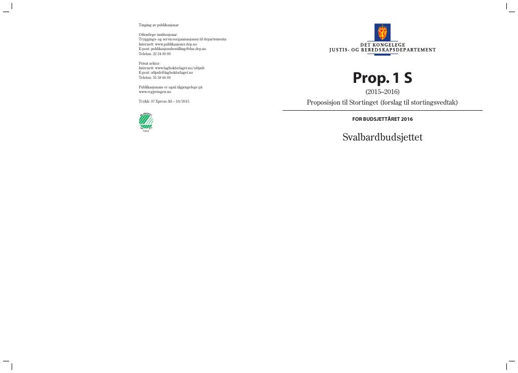 Forsiden av dokumentet Prop. 1 S (2015–2016)