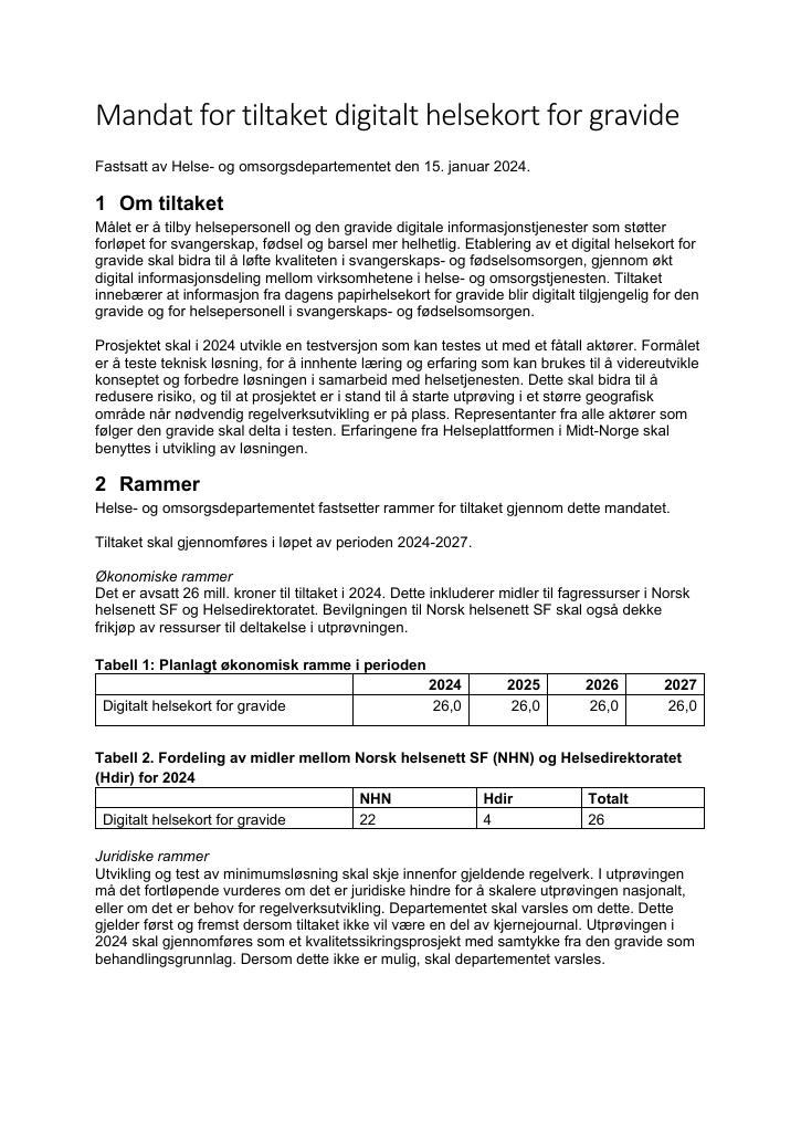 Forsiden av dokumentet supplerende mandat digitalt helsekort for gravide 2024