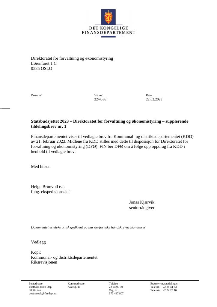 Forsiden av dokumentet Tildelingsbrev DFØ 2023 - tillegg nr. 1