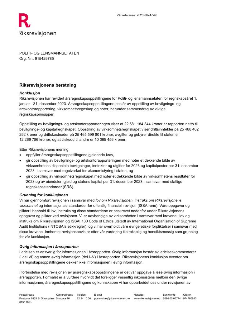 Forsiden av dokumentet Revisjonsberetning Politiet 2023