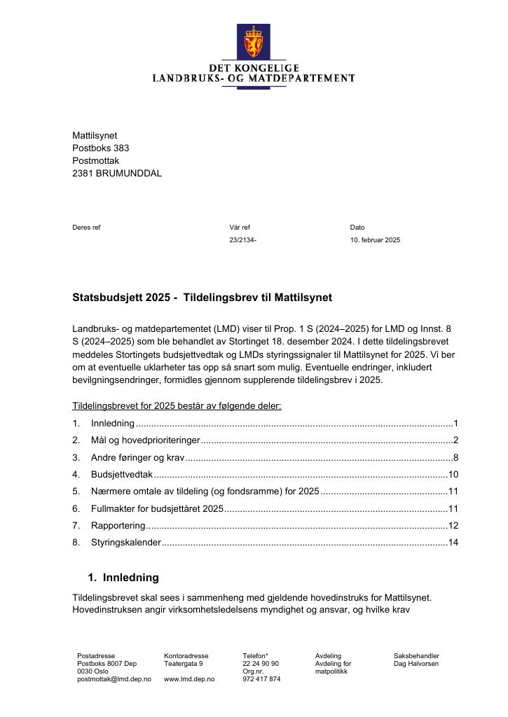 Forsiden av dokumentet Tildelingsbrev Mattilsynet 2025