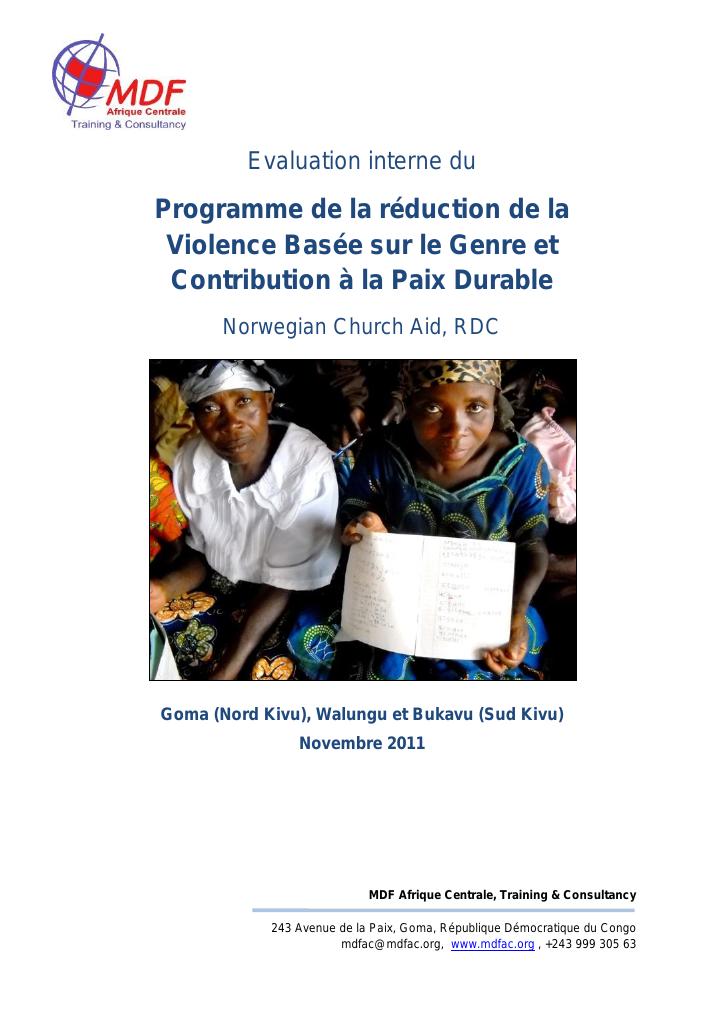 Forsiden av dokumentet Evaluation of NCAs GBV Program Reducing Gender Based Violence and Building Sustainable Peace in DRC South and North Kivu DR Congo (French)