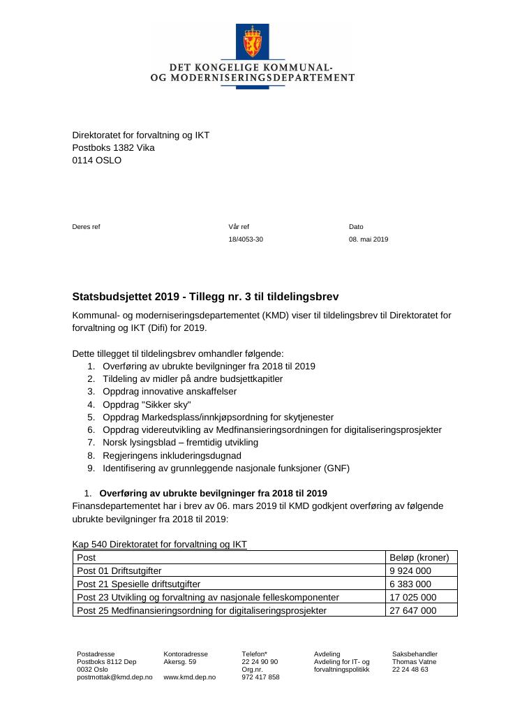 Forsiden av dokumentet Tildelingsbrev Direktoratet for forvaltning og IKT 2019 - tillegg nr. 3