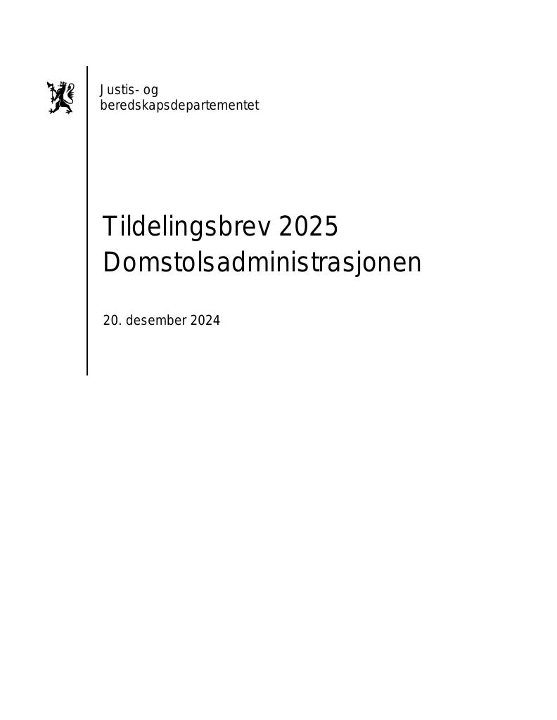 Forsiden av dokumentet Tildelingsbrev Domstoladministrasjonen 2025