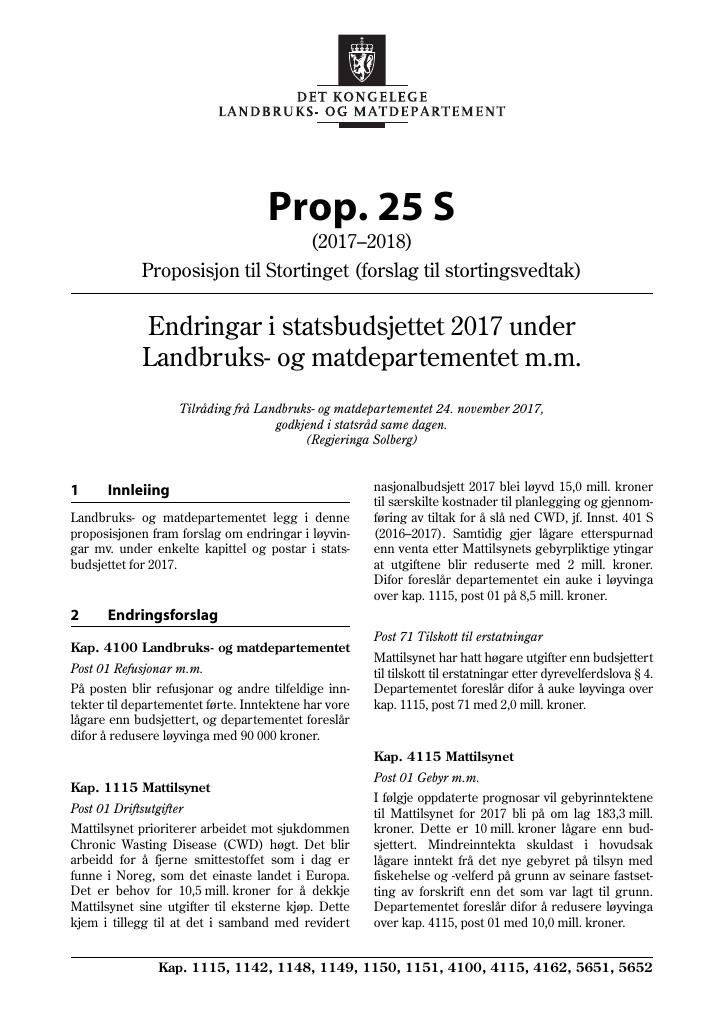 Forsiden av dokumentet Prop. 25 S (2017–2018)