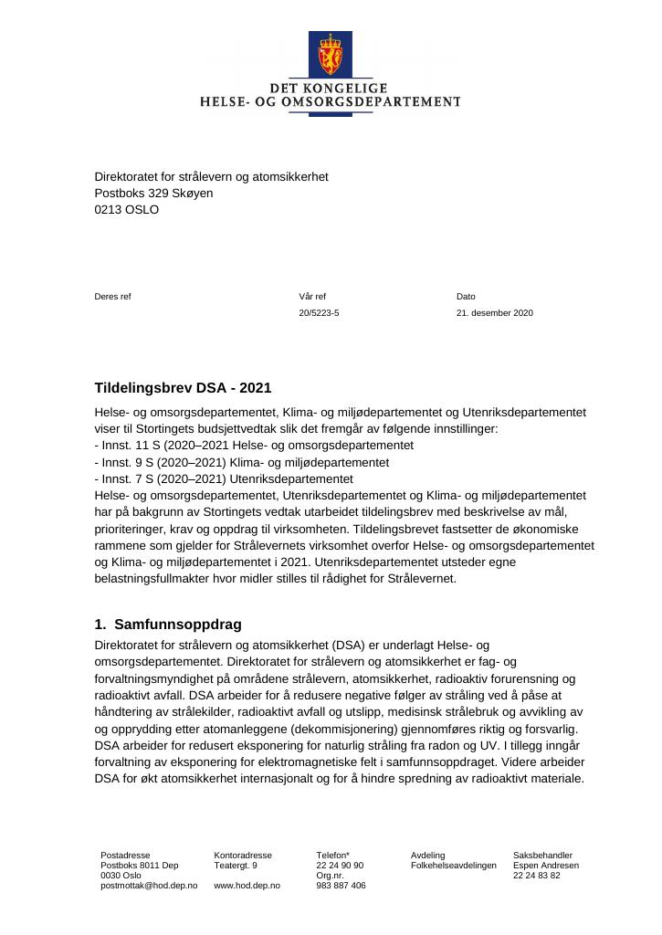 Forsiden av dokumentet Tildelingsbrev Direktoratet for strålevern og atomsikkerhet 2021