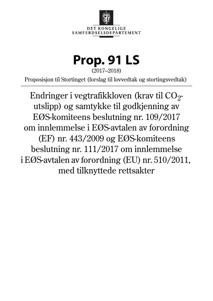 Forsiden av dokumentet Prop. 91 LS (2017–2018)