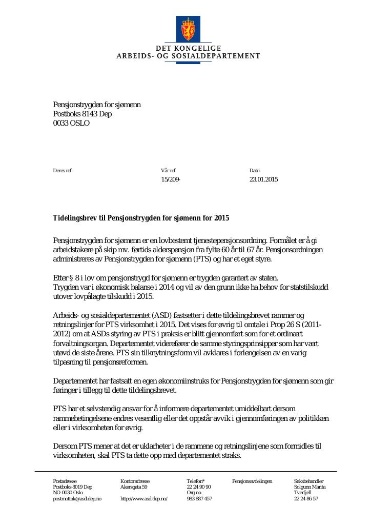 Forsiden av dokumentet Tildelingsbrev (PDF)