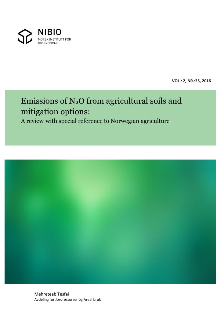 Forsiden av dokumentet Emissions of N2O from Agricultural Soils and Mitigation Options: A review with special reference to Norwegian agriculture