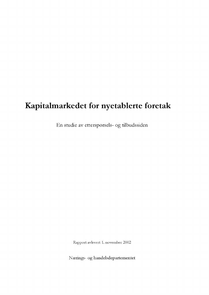 Forsiden av dokumentet Kapitalmarkedet for nyetablerte foretak (pdf-format)