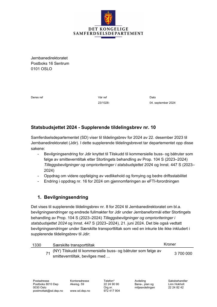 Forsiden av dokumentet Tildelingsbrev Jernbanedirektoratet 2024 - tillegg nr. 10