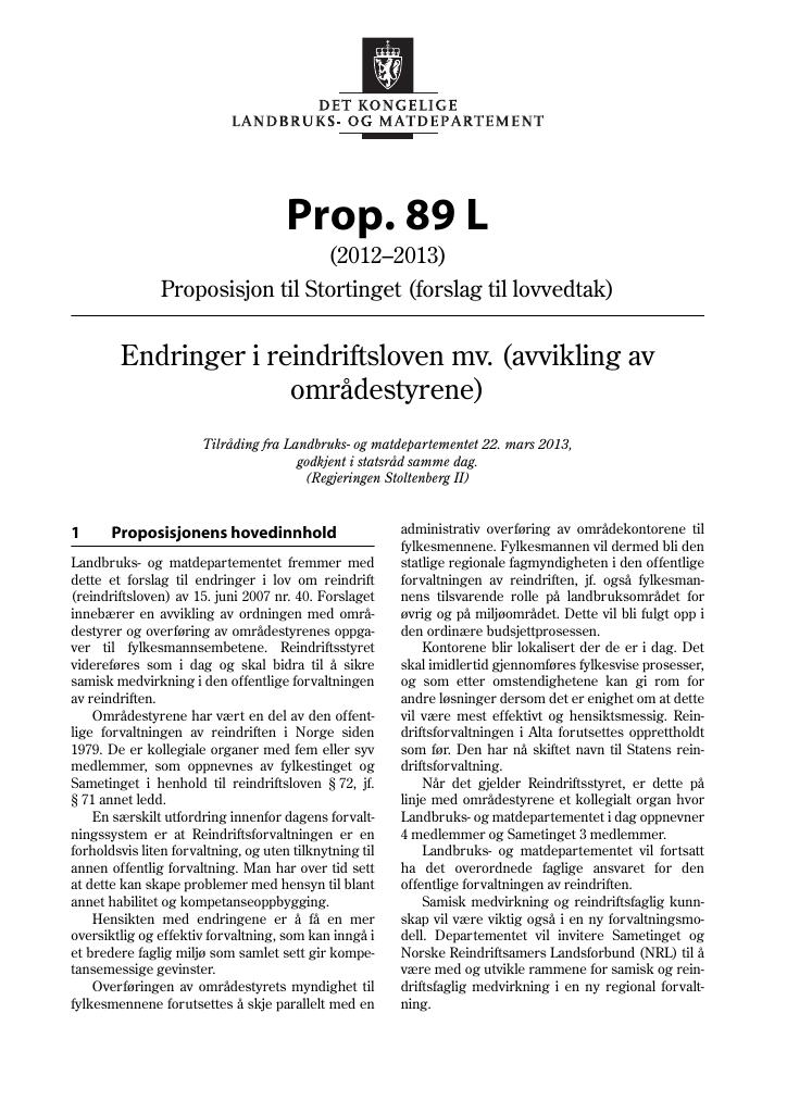 Forsiden av dokumentet Prop. 89 L (2012–2013)