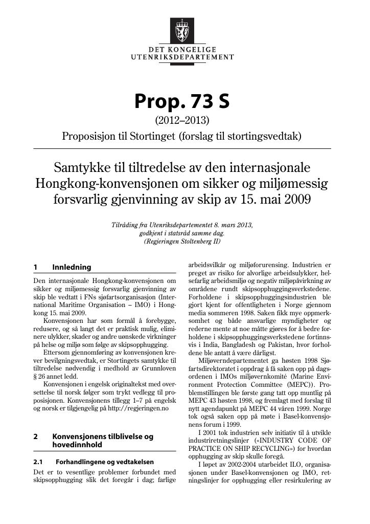 Forsiden av dokumentet Prop. 73 S (2012–2013)