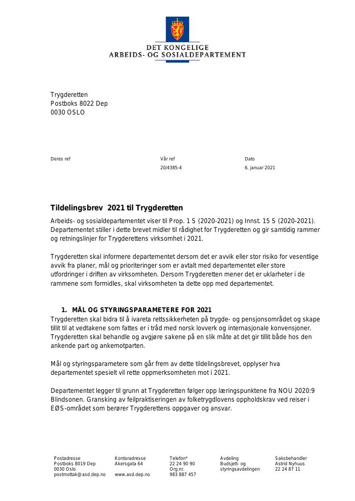 Forsiden av dokumentet Tildelingsbrev Trygderetten 2021